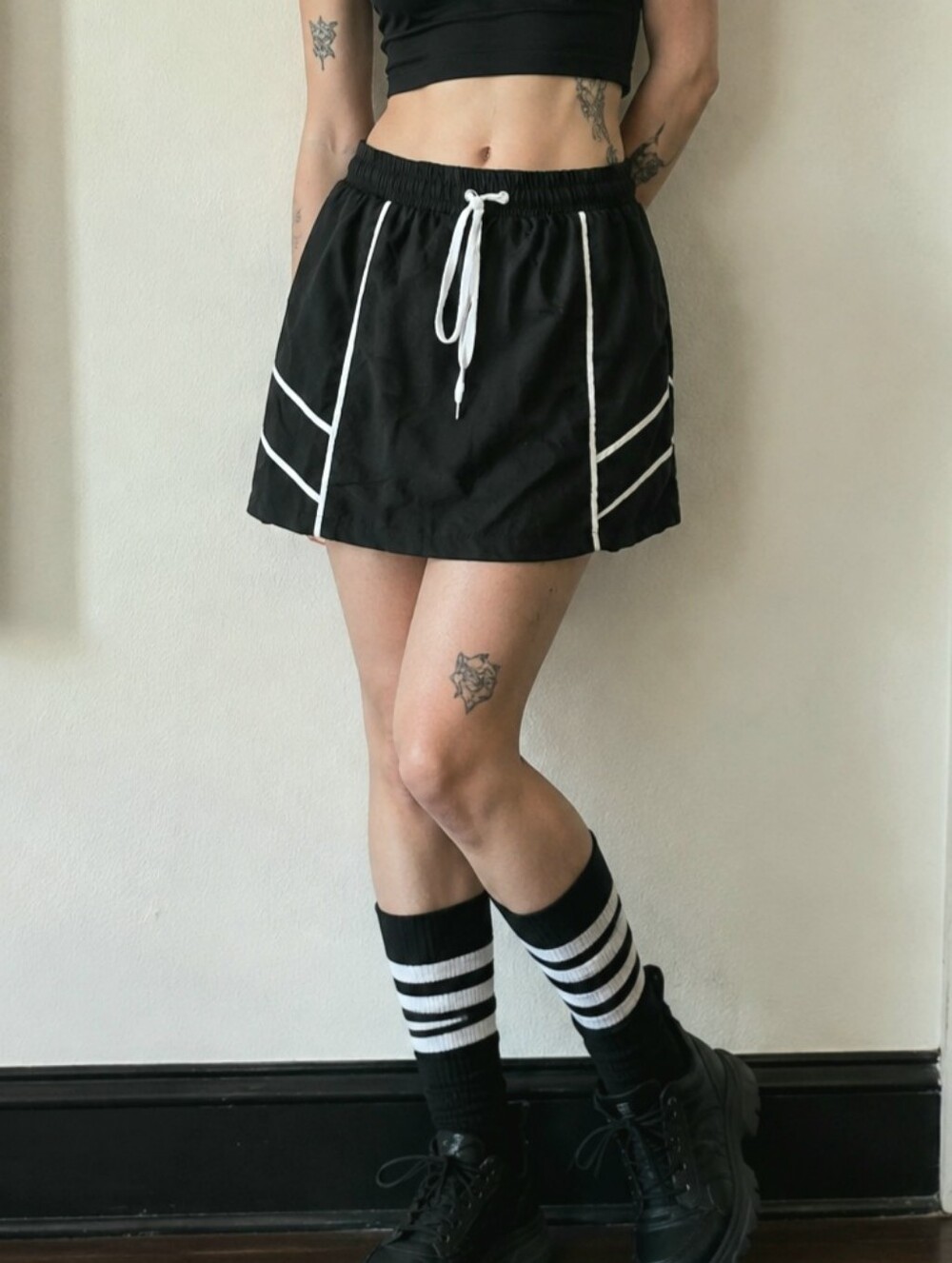 Black Drawstring Dark Academia Athleisure Skirt with White Piping